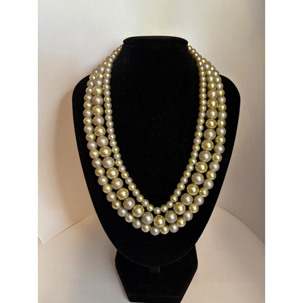 Triple Strand Faux Pearl Necklace Cream Champagne Graduated Bead Clasp